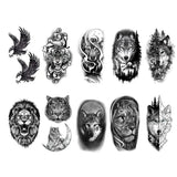 Qfdian  10pcs Waterproof Temporary Tattoo Sticker Dark Wolf Lion Tiger Eagle Snake Deer Skeleton Scorpion Body Art Arm Tattoo Women Men