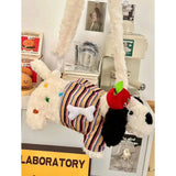Qfdian Japanese Fluffy Cartoon Striped Dog Shoulder Bag Kawaii Sweet Fashion Women's Handbags Y2k Aesthetic Cute Crossbody Bags Trendy