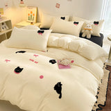 Qfdian Korean Style Pink Bedding Set Black Cat Embroidery Washed Cotton  Duvet Cover Cute Cardboard  Bed linen Comforter Sets