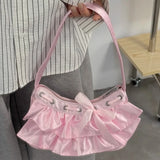 Qfdian Women All Match Fashion Office Lady Handbags Fairy Ruffled Bow Y2k Aesthetic Shoulder Bags Causal Vintage Elegant Underarm Bag
