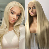 Qfdian Ash Blonde Lace Front Wig Synthetic Wigs for Women Long Silky Straight Light Blond Frontal Glueless Natural Hairline Daily Party