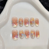 Qfdian  10pcs Handmade Sweet Fake Nails Aurora Gradient Pink False Nail Patches Full Cover Wearable Sweet Korean Flowers Press on Nails