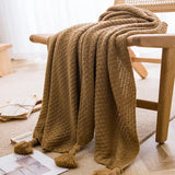 Qfdian  Nordic Blankets for Bed Sofa Couch Chunky Knit Bedspread Knitted Throw Blanket with Tassel Plain Color Waffle Embossed Blanket