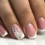 Qfdian  24Pcs Short Square Nude French Tip Press On Nails Set Reusable Acrylic Full Cover Fake Nail with Glue for Women&Girls Decoration