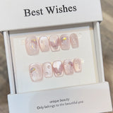 Qfdian  10Pcs Cat Eye Handmade Coffin Press on Nails Sweet Cute Flower Fake Nails Full Cover Dreamy Shiny Ballet False Nails Pink Nail