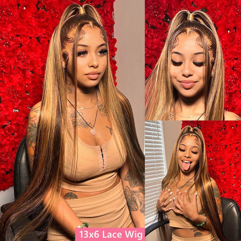 Qfdian Ombre Highlight Wigs Human Hair 100% 13x4 13x6 Transparent Lace Front  Wig Pre Plucked Honey Blonde Lace Frontal Wig Brazilian