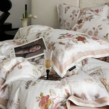 Qfdian Floral Plant Print Color Blocking Bedding Set Lyocell Bamboo Fiber Soft Silky Duvet Cover Flat/Fitted Bed Sheet Pillowcases 4Pcs