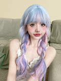 Qfdian 26Inch Fantasy Purple Mix Lolita Synthetic Wigs With Bang Long Natural Wavy Hair Wig For Women Cosplay Daily Use Heat Resistant