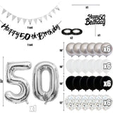 Qfdian  Black Silver White 50 Birthday Party Decorations for Women Men Happy 30 40th 60th Birthday Banner Balloons Cake Topper Supplies