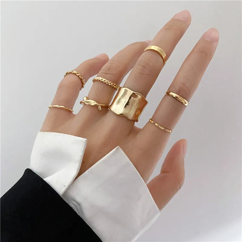 Boho Gold Color Cross Wide Rings Set For Women Girls Simple Chain Finger Tail Rings NEW Bijoux Jewelry Gifts Ring Female