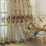 Qfdian  1Pc,European Style Blue Gradient Embroidery Bedroom Sheer Curtains, Exquisite Luxury Flower Gauze Curtains For Living Room Decor