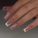 Qfdian 24Pcs Pure White French Press on Nails Long Square Head False Nails with Pearl Pink Bow Design Ballet Wearable Fake Nails