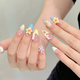 Qfdian  10pcs Handmade Press On Nails Almond False Nails 3D Starfish Flower Decor Glitter French Fake Nails Fashion Flash Y2K Nail Art