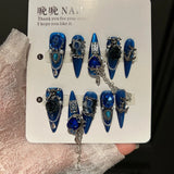 Qfdian  Deep Sea Punk Press-on Nails Set,ABS Resin Base with Alloy Chains/Gem/Pearl Decor,Multi-Size for Music Festivals/Gothic Outfits/