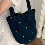 Qfdian  Casual Preppy Sweet Flower Design Handbags Women Vintage Ins Denim Shoulder Bags Y2k Aesthetic Streetwear All Match Underarm Bag