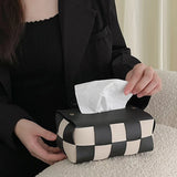 Qfdian Checkerboard Woven Tissue Box PU Leather Napkin Case Living Room Office Desktop Home Decoration Creative Paper Towel Cover