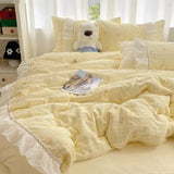 Qfdian  Fashion Lattice Bedding Set Bed Sheet Cute Princess AB Double Sided Ruffle Flower Quilt Cover Pillowcase Bedclothes Home Textile