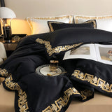 Qfdian 1000TC Egyptian Cotton Luxury Gold Embroidery Bedding Set Black Khaki Patchwork Duvet Cover Bed Sheet Fitted Sheet Pillowcases