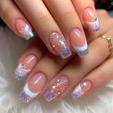 Qfdian 24Pcs Gradient Short Ballet Nails Set with Glue White Simple False Nails Coffin Fake Nail Press on Nails Full Cover Nail Tips