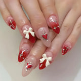 Qfdian  24pcs Valentine's Day Press On Nails  Gradient Red Almond French Style Fake Nails Love Heart 3D Bowknots Designs False Nail
