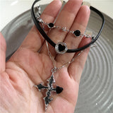 Qfdian Goth Punk Y2K Black Crystal Heart Cross Pendant Necklace Set For Women Vintage Multi Layer Bead Necklaces 90s EMO Charm Jewelry