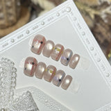 Qfdian  10pcs Colorful Plaid Press on Nails Shiny Cat Eye False Nails Silver Star Nail Cute Sweet Short Square Press on Nails for Girl