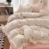Qfdian  Korean Sweet Cherry Print Ruffles Bedding Sets oft Washed Cotton Duvet Cover Set Cute Princess Style Bedding for Girls Bedroom