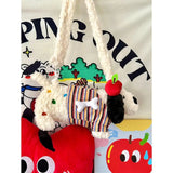 Qfdian Japanese Fluffy Cartoon Striped Dog Shoulder Bag Kawaii Sweet Fashion Women's Handbags Y2k Aesthetic Cute Crossbody Bags Trendy