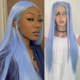 Qfdian Blue Wig Long Straight Synthetic Lace Front Wig Glueless Wig Ready to Wear Light Blue Hair Lace Wigs for Women Party Cosplay