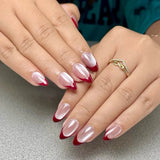 Qfdian  24pcs Glossy Red Cat's Eye Press On Nails Full Cover Nude Color Wearable Almond False Nails Charms Detachable Fake Nail For Girl