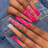 Qfdian  24Pcs Long Coffin False Nails Pink French Flowers Design Fake Nail with Butterfly Rhinestone Wearable Ballet Press on Nails