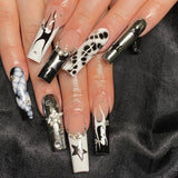 Qfdian  24Pcs Long Coffin False Nails Pink French Flowers Design Fake Nail with Butterfly Rhinestone Wearable Ballet Press on Nails