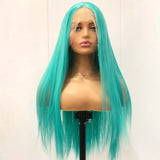 Qfdian Long Silky Straight Wig Synthetic Lace Front Wig Green Colored Lake Blue Hair Natural 13X4 Frontal Wigs for Women Party Cosplay