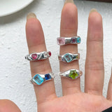 Qfdian  Minimalist Handmade Zircon Ring Simple Design Retro Texture Crystal Ring Irregular Shape Matte Finish Gemstone Ring