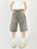 Qfdian  Women's Shorts Denim Leopard Print High Waisted Straight Leg Pants Street Harajuku Y2K Retro Versatile Fashion Wide Leg Jeans