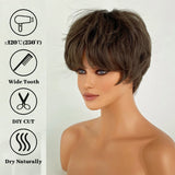 Qfdian  Brown Short Straight Hair Women Wigs with Bangs Thick Pixie Cut Synthetic Wig Heat Resistant Neuter Style Fake Hair