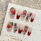 Qfdian  Pink Strawberry Press on Nails Handmade Flower Fake Nails Gradient Color Medium Length Square False Nails for Women Girls