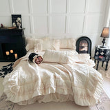 Qfdian  Rose Embossing Quilted Duvet Cover Set Vintage Lace Ruffles Pure Cotton Bedding Set Bed Sheet Pillowcases