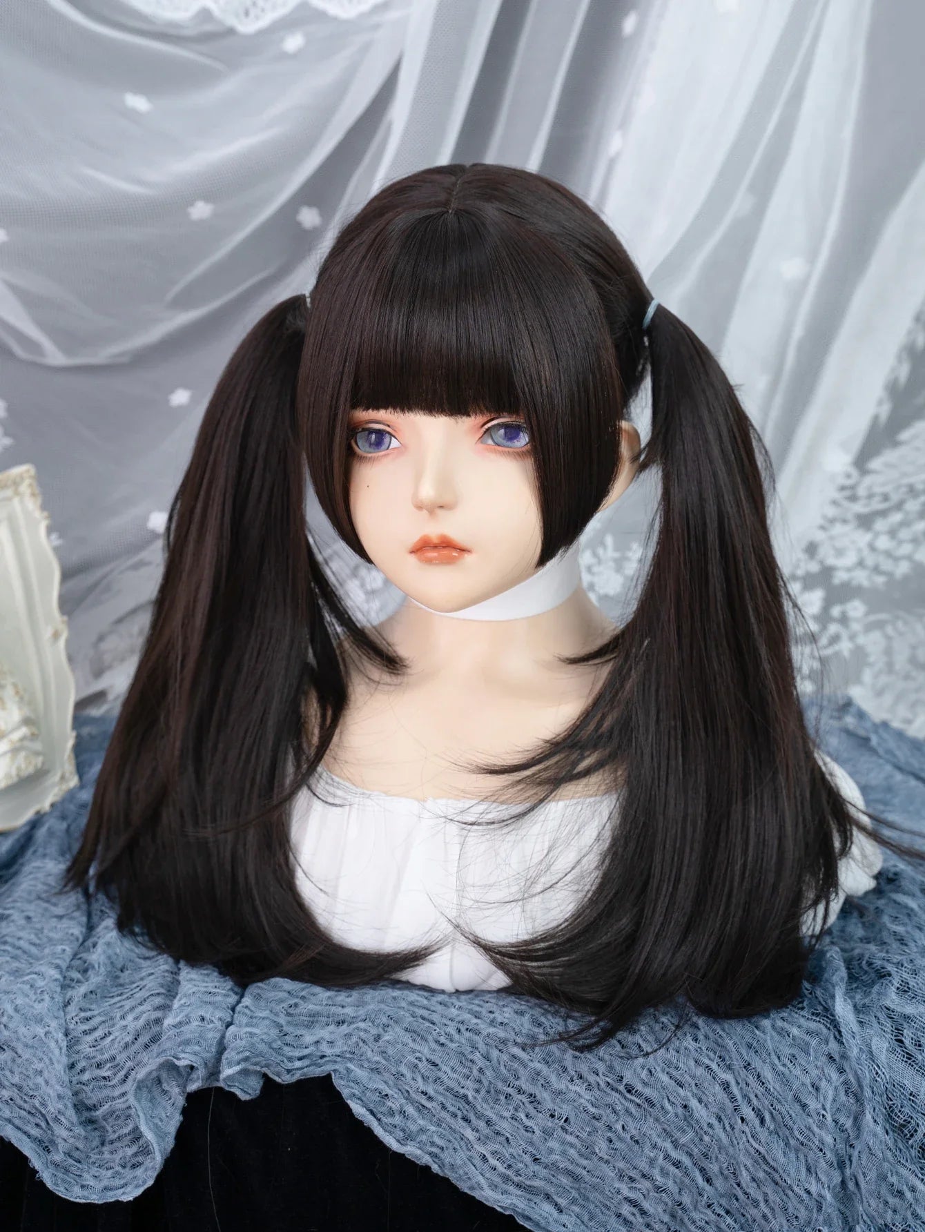 Qfdian 22Inch Black Color Hime Cut Synthetic Wigs with Bang Long Natural Straight Hair Wig for Women Daily Use Cosplay Heat Resistant