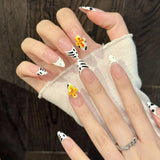 Qfdian  10pcs Handmade White French Press on Nails Nude Pink Almond Design False Nails Wearable Sweet 3D Flower Decor Fake Nail Tips