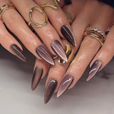 Qfdian  24pcs Glossy Red Cat's Eye Press On Nails Full Cover Nude Color Wearable Almond False Nails Charms Detachable Fake Nail For Girl