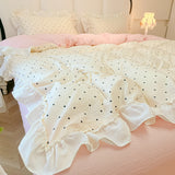 Qfdian  Korean Ruffle Polka Dot Duvet Cover Set for Girls Cute Soft Washed Cotton Bedding Set with Pillowcases Sheet Queen Size