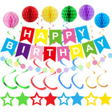Qfdian  Blue Birthday Party Decoration Honeycomb Balls Happy Birthday Banner Hanging Swirls Circle Dots Garland Boy Birthday Party Decor