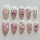 Qfdian  24pcs Press on Fake Nails Set Almond Wearable Simple French Flower False Nail Art Gold Beads Design Diamond Manicure Tips