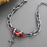Qfdian  Punk Vintage Red Zircon Star Chain Bracelet For Women Men Couple Unisex Trend Goth Grunge Y2K Jewelry Charms Accessories Gifts