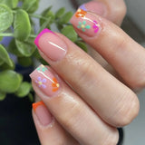 Qfdian 24Pcs Spring Colorful French Fake Nail with Designs Short Square Head Press on False Nails Wearable Simple Jelly Sticks on Nails