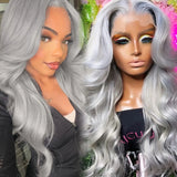 Qfdian Silver Grey Lace Front Wig Synthetic Lace Wig Glueless Body Wave Long Wavy Silver Wig Body Wave Long Grey Hair Wigs for Women