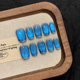 Qfdian  10pcs Handmade Press On Nails Blue Cat's Eye False Nails Deep Sea Bubble Decor Glitter French Fake Nails Fashion Flash Nail Art