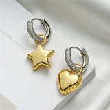 Trendy Zircon Heart Pentagram Asymmetric Color Contrast Hoop Earrings For Women Star Pendant Dangle Earrings Jewelry Gift