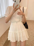 Qfdian  Korean Unique Bubble Sleeve Top High Waisted Wooden Ear Skirt Two-piece Set Sweet Summer Women's Fashion Solid Color Set Skirt